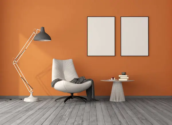 舒适的室内环境 白色躺椅 灯具和空墙艺术框架 3D渲染 免版税图库图片