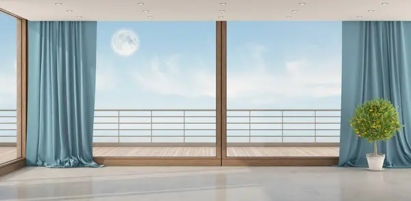 オープンカーテン付きのエレガントなインテリアデザインで 静けさ3Dレンダリングを描いた月明かりの海のシーンを演出 ロイヤリティフリーのストック画像