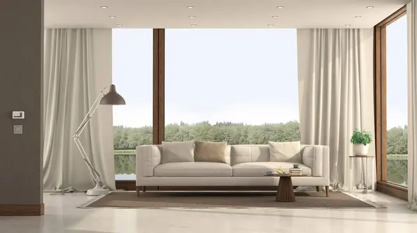 现代客厅精致的室内设计 有一个大窗户 俯瞰宁静的风景 图库图片