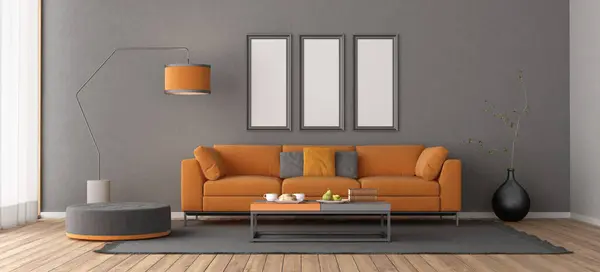 Stock image Stylish home decor setting with a striking orange sofa, modern furniture, and calming neutral hues - 3d rendering