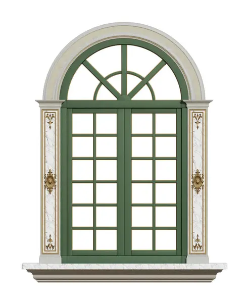 传统窗户 绿色木制框架 白色大理石柱 白色背景的华丽细节 3D渲染 免版税图库图片