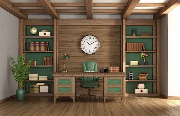 木製の本棚が付いている古典的な様式の家のオフィスおよびヴィンテージの机のセットアップ3Dレンダリング ストックフォト
