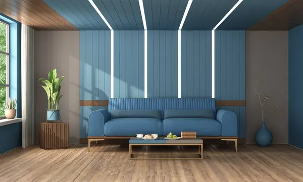 Stylový Moderní Design Obývacího Pokoje Pulzující Modrou Pohovkou Minimalistickým Dekorem Royalty Free Stock Obrázky