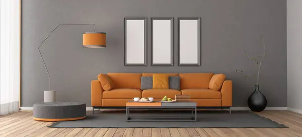 Stilvolle Wohnkultur Mit Auffälligem Orangefarbenem Sofa Modernen Möbeln Und Beruhigenden lizenzfreie Stockfotos