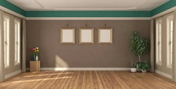 房间空旷 木地板 墙壁上有空白的艺术品框架 室内植物郁郁葱葱 3D渲染 免版税图库图片