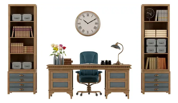 Mesa Madeira Elegante Conjunto Com Cadeira Estantes Acentos Decorativos Conjunto Imagem De Stock