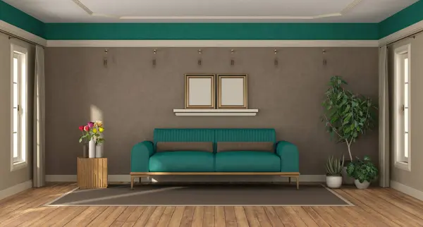 风格别致的客厅 配有绿色沙发套装 装饰植物和空白的金色框架 3D渲染 图库图片