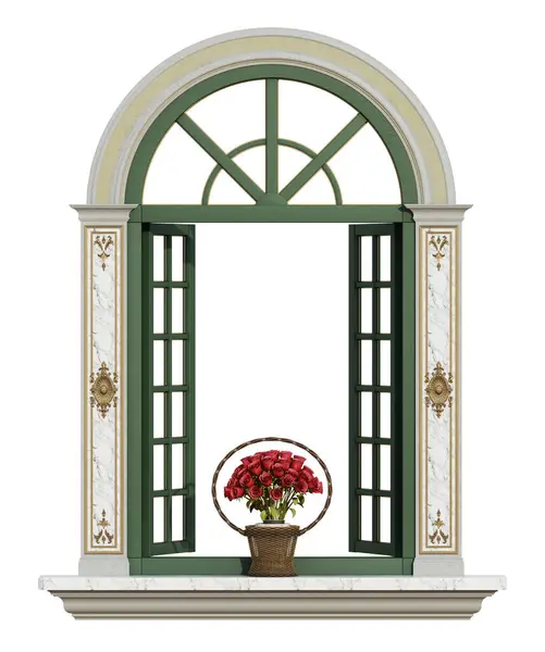 Sophisticated Window Design Green Shutters Ornate Decoration Featuring Basket Vivid — Stock Photo, Image
