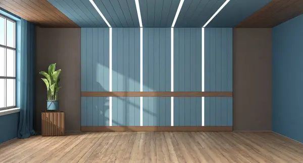 宽敞的室内设计 有蓝色的墙壁 木制的地板和一个巨大的自然光窗户 3D渲染 图库图片