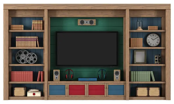 风格别致的老式木制娱乐中心 配有空白电视屏幕 书籍和装饰 独立于白色3D渲染 图库照片
