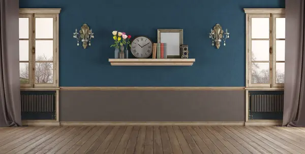 Gezellig Stijlvol Interieur Met Een Plank Met Decoratieve Items Blauwe Rechtenvrije Stockafbeeldingen