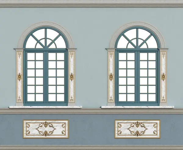 两个拱形的窗户 华丽的细节在雅致古典立面的淡蓝色墙壁上 3D渲染 免版税图库照片