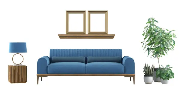 Elegantes Blaues Sofa Holzrahmen Pflanzen Und Lampe Isoliert Auf Weißem Stockbild