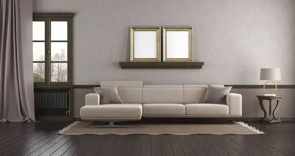 Gemütliches Und Stilvolles Wohnzimmer Mit Modernem Sofa Leeren Rahmen Der Stockfoto