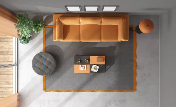スタイリッシュな家具と装飾的な3Dレンダリングを備えた現代的なリビングルームのエアリアルビュー ロイヤリティフリーのストック写真