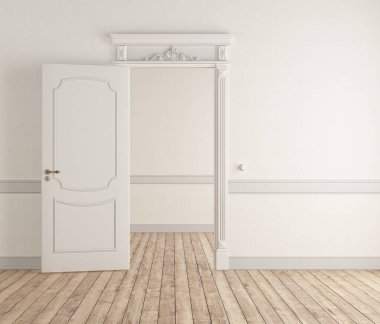 Klasik beyaz kapı, beyaz duvarlı ve parke döşemeli boş bir odaya açılıyor.