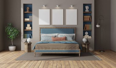 Modern yatak odası tasarımıyla mavi döşemeli bir yatak odası, ahşap mobilyalar ve dahili kitap rafları, şık ve rahatlatıcı bir atmosfer yaratıyor.