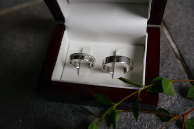 İki gümüş alyans. Zirkonlu kadınlar ve erkeksiz erkekler. Beyaz satenle kaplı ahşap bir kutuda. Gri arkaplanda ve çevresinde bulanık bitkiler var..