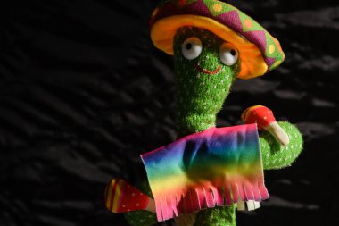 Pançolu doldurulmuş bir kaktüs oyuncağı, bir Meksika şapkası ve karanlık bir arka planın önünde iki çıngırak aleti.