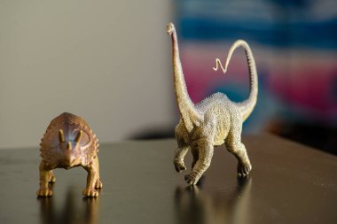 Triceratops ve Diplodocus dinozorlarının iki figürü çocukların bir zamanlar Dünya 'da yaşamış canlıları hatırlatmak ve onlarla oynamayı sevdikleri siyah bir masa üzerinde.