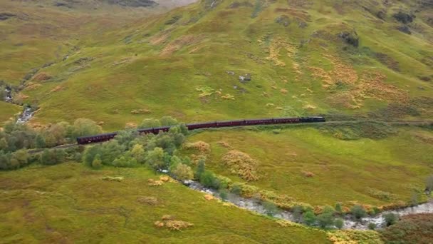 Steam Train Scotland Passing Loch Famous Route — Stock Video