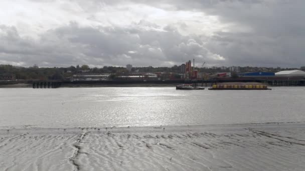 Nehir Mavnası Kargoyu Londra Nın Thames Nehri Boyunca Taşıyor — Stok video