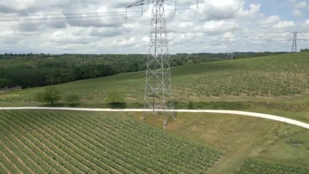 Power Line Tower Rural Setting Aerial View — Stock Video