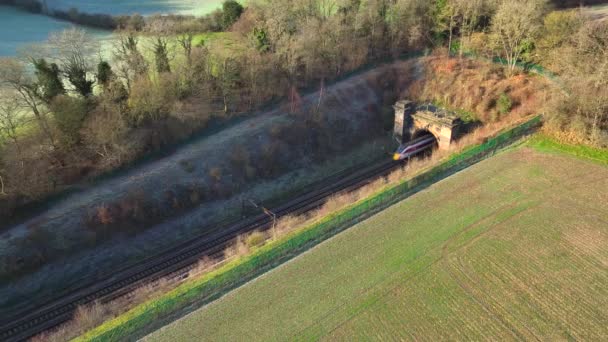 Train Carrying Commuters Speeding Countryside Aerial View — Stockvideo