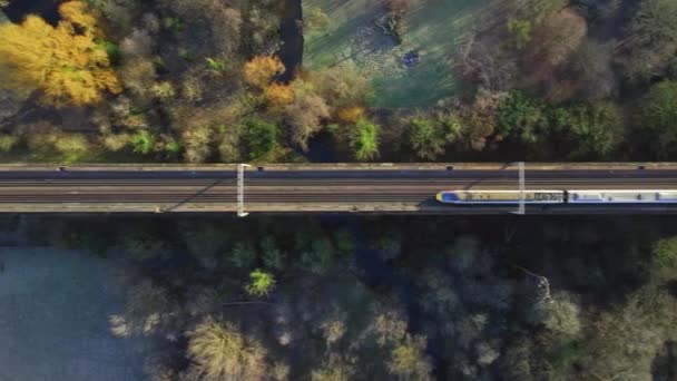 Schneller Pendlerzug Passiert Viadukt Aus Der Vogelperspektive — Stockvideo
