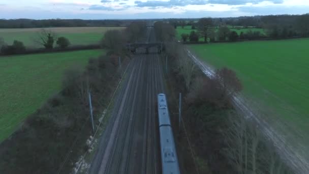 Commuter Railway Train Dusk Aerial View — Video Stock