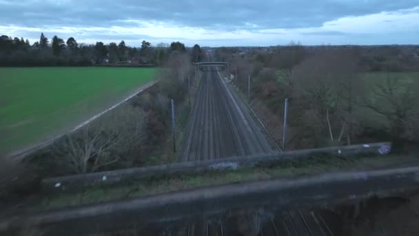 Commuter Railway Train Dusk Aerial View — Video