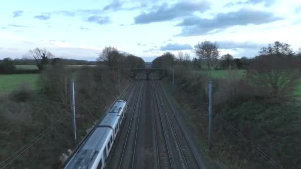 Commuter Railway Train Dusk Aerial View — Stok video