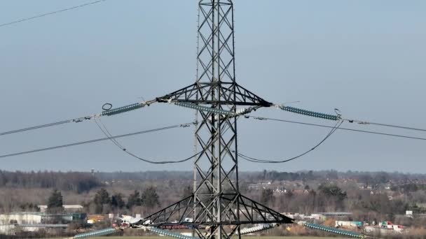 Aerial View Industrial High Voltage Lattice Electrical Power Line Tower — Vídeos de Stock