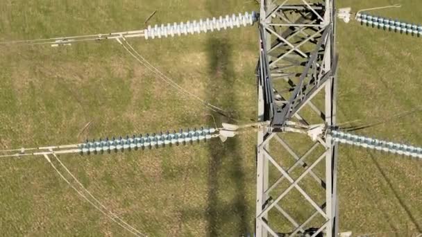 High Voltage Lattice Pylon Power Line Tower Aerial View — Stock video