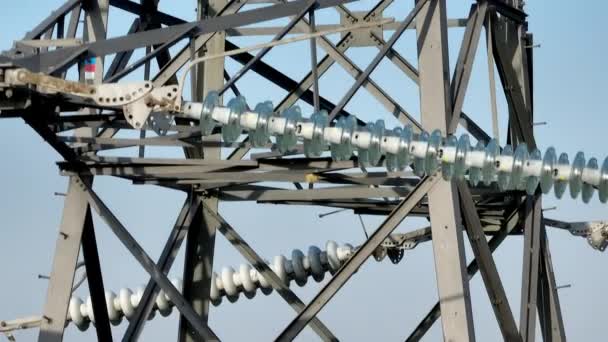 Close View Industrial High Voltage Lattice Power Line Tower — Vídeos de Stock