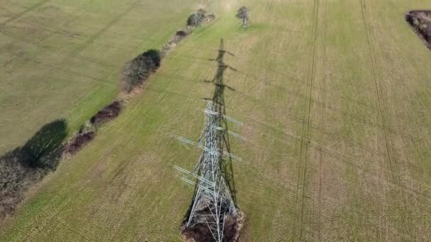 High Voltage Lattice Power Line Tower Aerial View — Stockvideo