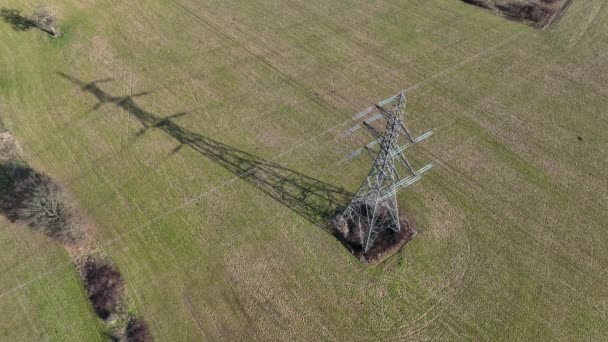 High Voltage Lattice Power Line Tower Aerial View — Vídeos de Stock