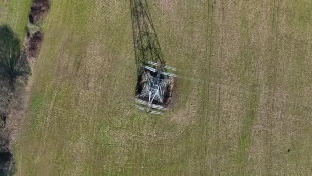 High Voltage Lattice Power Line Tower Aerial View — Wideo stockowe