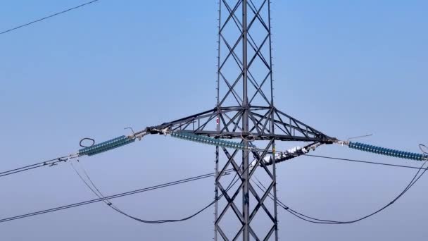 High Voltage Lattice Power Line Tower Aerial View — Stock videók
