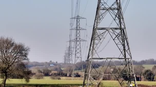 Rows Lattice Power Line Towers Aerial View – Stock-video