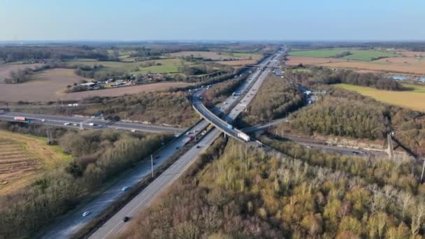 Vehicles Driving Busy Motorway Interchange Aerial View — Stockvideo