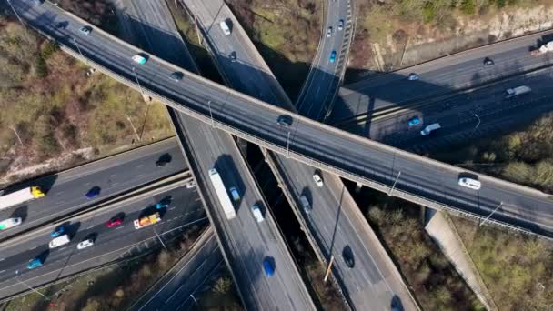 Rush Hour Vehicles Driving Motorway Interchange Aerial View — Stock Video