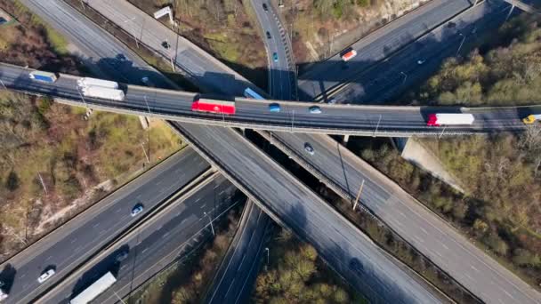 Vehicles Driving Busy Motorway Interchange Aerial View — Stockvideo