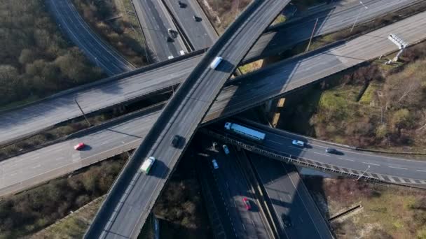 Rush Hour Vehicles Driving Motorway Interchange Aerial View — Stock video