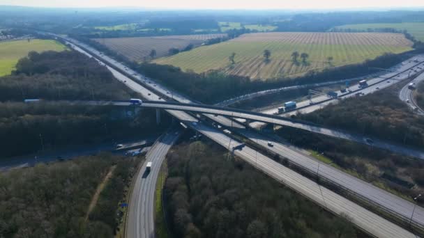 Vehicles Driving Busy Motorway Interchange Aerial View — Vídeo de Stock