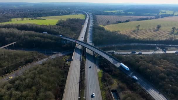 Rush Hour Vehicles Driving Motorway Interchange Aerial View — Stock video