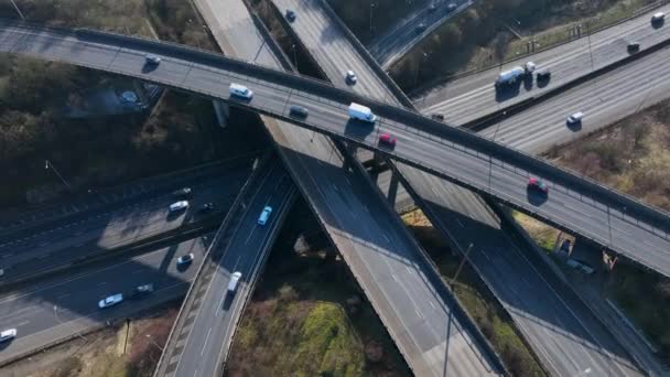 Vehicles Driving Busy Motorway Interchange Aerial View — 비디오
