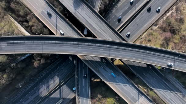 Rush Hour Vehicles Driving Motorway Interchange Aerial View — Stockvideo