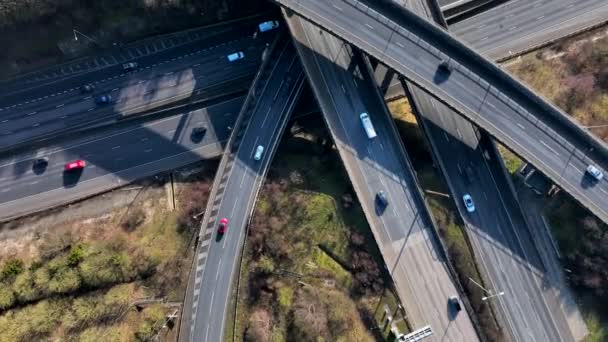 Vehicles Driving Busy Motorway Interchange Aerial View — Video