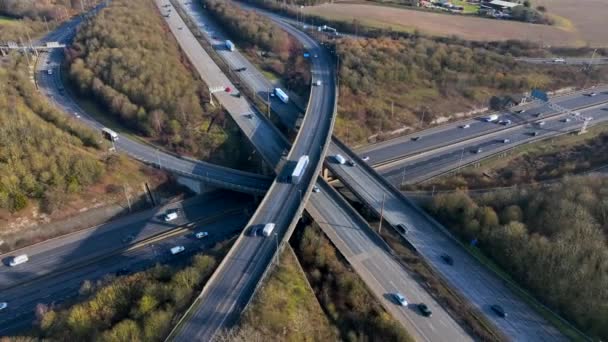 Rush Hour Vehicles Driving Highway Interchange Aerial View — Stok video